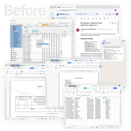 A cluttered desk with various forms of communication and data management tools before the implementation of Fr8labs' freight forwarding software.